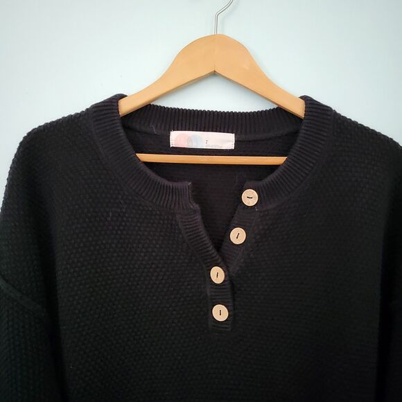 FREE PEOPLE Beach Hailee Sweater Womens S Black Henley Waffle Knit Oversized - Picture 3 of 9